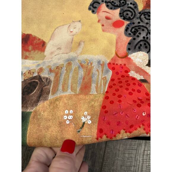 Chico's Women's Bamboo Handles White Cat Beaded Tote Handbag - Picture 8 of 9